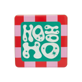 A close-up of a Lush "Ho Ho Ho" tin. The top of the tin is a red and pink checkerboard pattern with a bright teal square in the center that reads "HO HO HO" in white, bubbly letters with small stars.