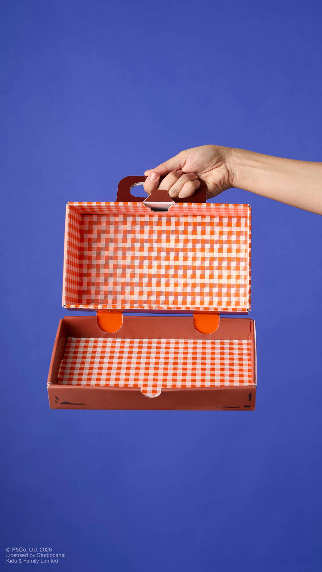 An open cardboard gift box shaped like a suitcase, held by a hand. The interior is lined with a bright orange and white gingham pattern. Set against a solid blue background.