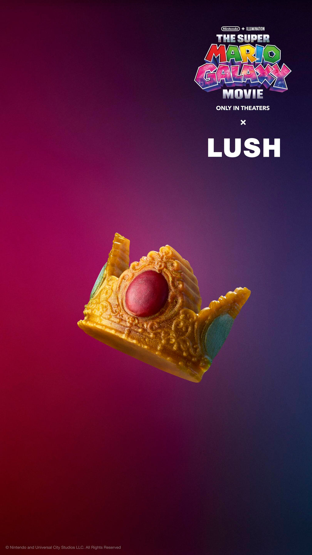 Shimmering gold crown soap with red and blue jewels against a purple-red gradient. Features 'The Super Mario Galaxy Movie x LUSH' logos at top. Includes plastic-free glitter.