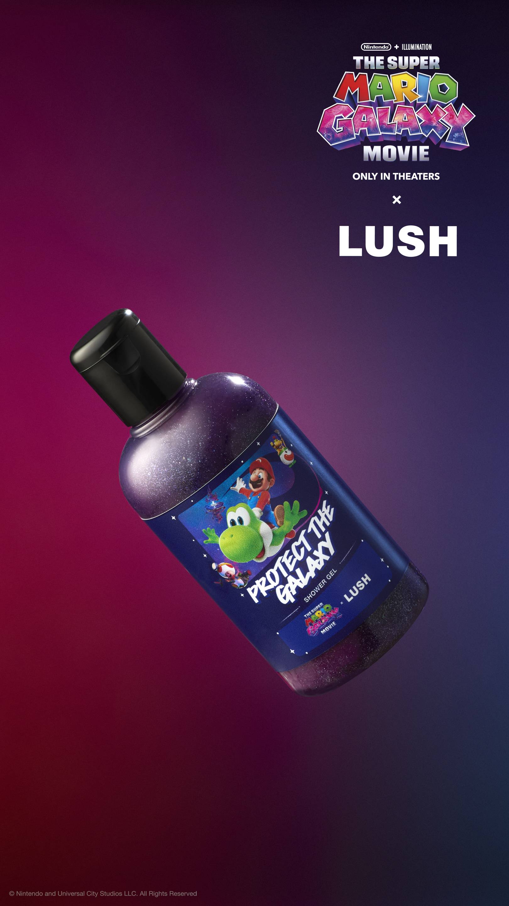 Shimmering dark purple shower gel bottle with a label featuring Mario riding Yoshi. "The Super Mario Galaxy Movie x LUSH" logos appear on a purple and red gradient background. All glitter used is plastic-free.