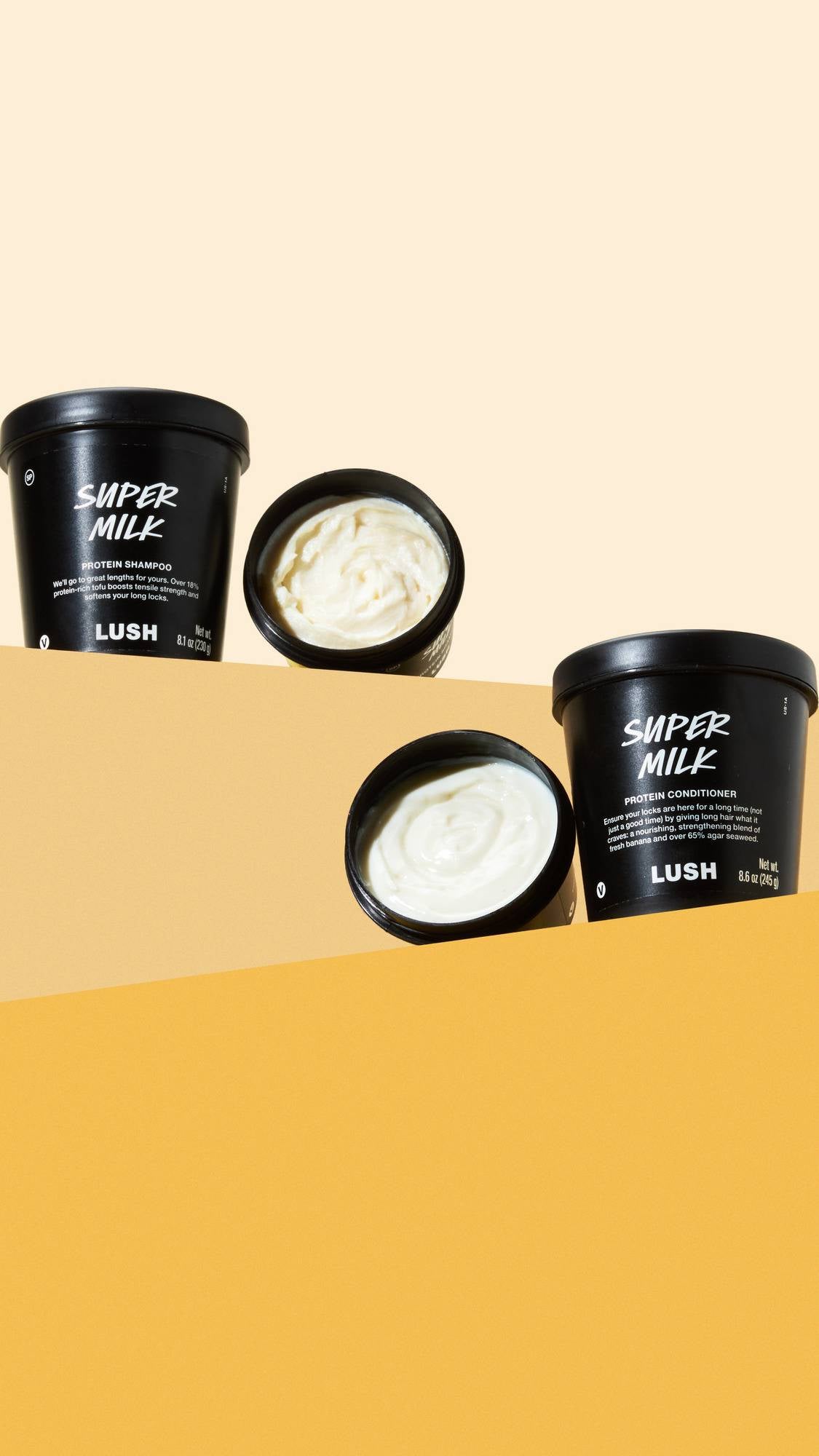 Four black pots of "Super Milk" hair care products are arranged against a yellow background. Two pots are labelled "Protein Shampoo" and two "Protein Conditioner," with two open to reveal the thick, creamy white product inside.