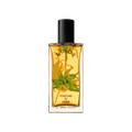 Abiba. A rectangular, glass perfume bottle with a black cap is filled with translucent, almost-yellow liquid. The name "Abiba" is arched on the front of the bottle along with flower decals.