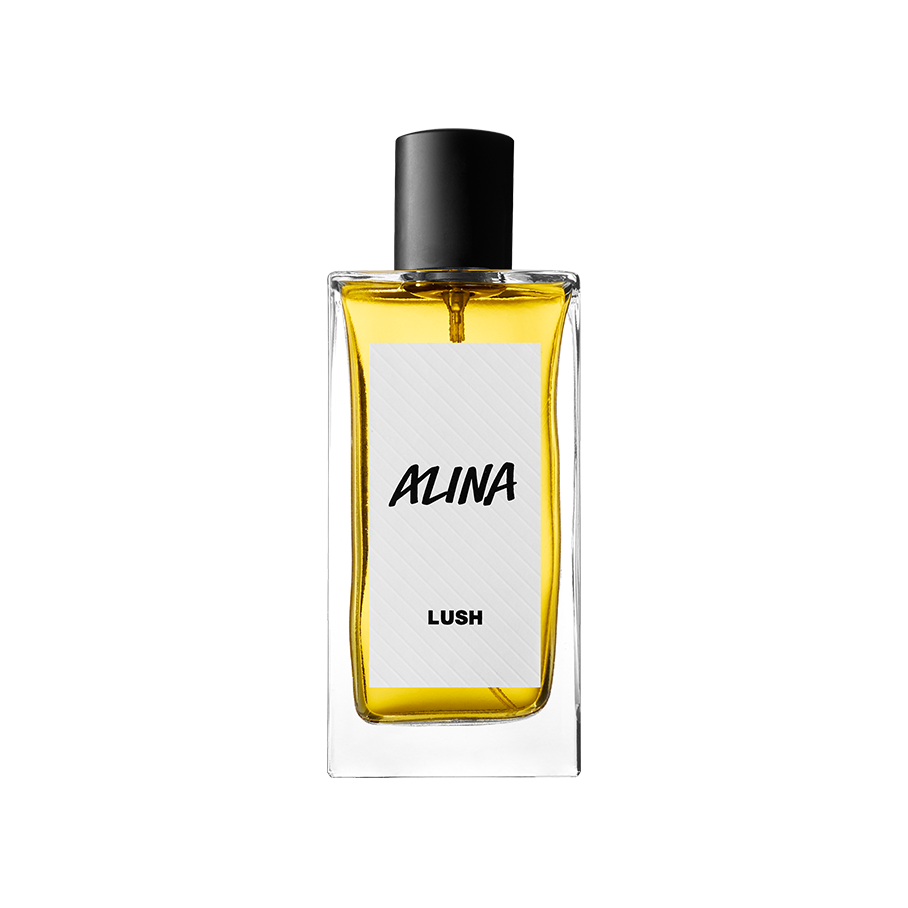 Alina. A tall, rectangle, glass bottle with a black cap top and a Lush sticker saying "Alina" on the front.