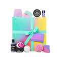 And Breathe. A large, square gift box wrapped in a delicately decorated colour gradient of teal, yellow, pink and orange, tied with a teal ribbon and gift tag. There are ten included Lush products surrounding the gift box.