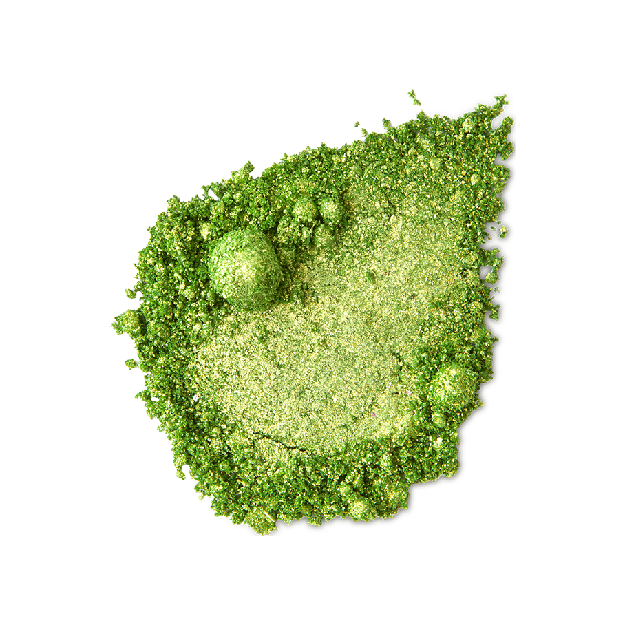 Aurora Glitter Crumble. A neatly smudged swatch of crumbly, shimmering, jade-green metallic eyeshadow.