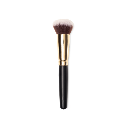 BFF Brush. A domed, foundation buffing brush, with white and brown bristles and a gold and dark wooden handle.