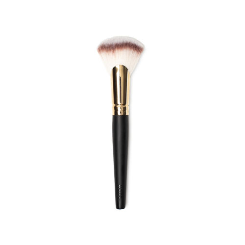 Biggest Fan Brush. A large fan brush for blending & powdering, with brown and white bristles and a gold and dark wooden handle.