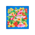 Blooming Lovely. A square fabric Knot Wrap featuring 3D-style cartoon illustrations. It shows a cheerful garden scene with flowers, a strawberry, a bee, a snail, and a chick, all rendered in bright, saturated colours on a bold blue background.