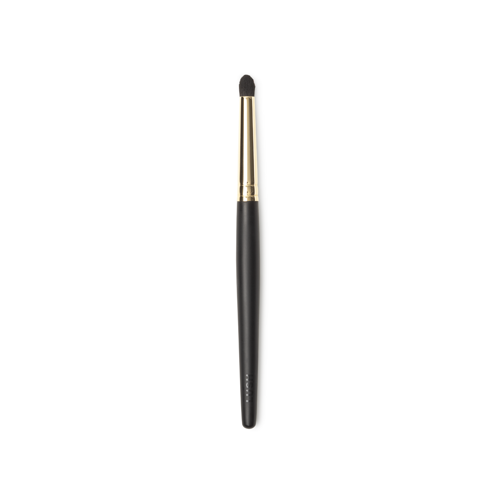 Blur In Love Brush. A small pencil brush, with circular brown bristles and a gold and dark wooden handle.