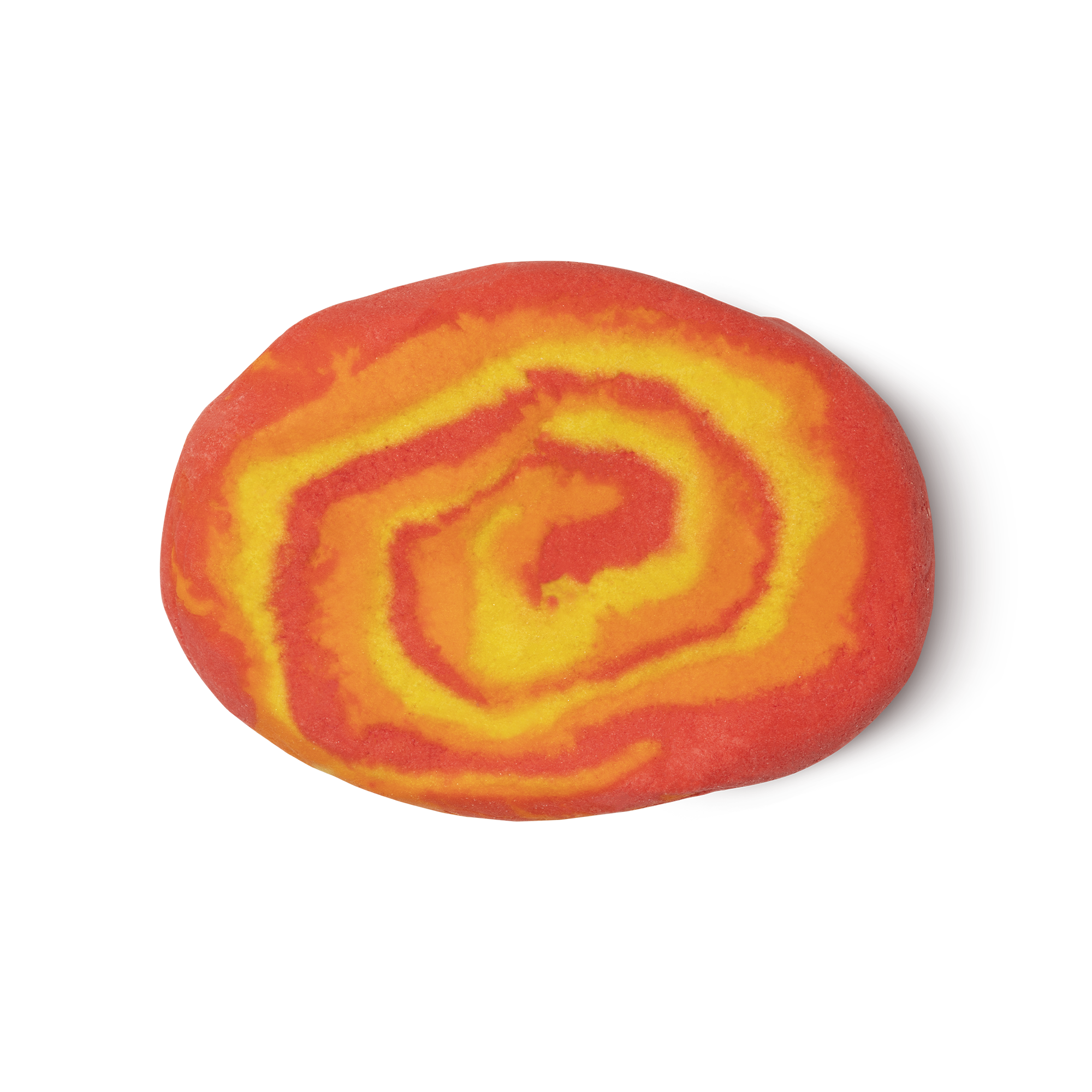 Brightside. A deep orange, light orange and vibrant yellow swirled, oval shaped, bubble bar.