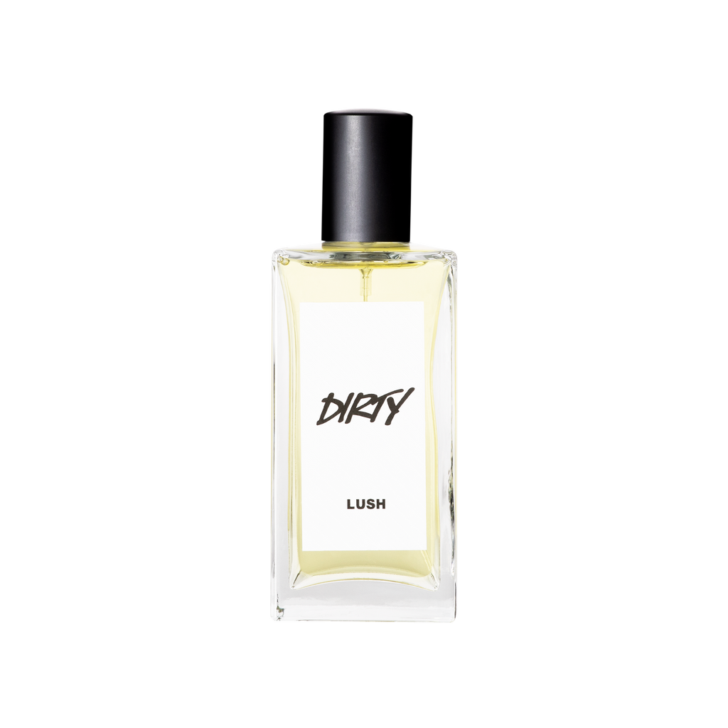 A glass perfume bottle filled with ivory coloured liquid. A white label reads 'Dirty'.