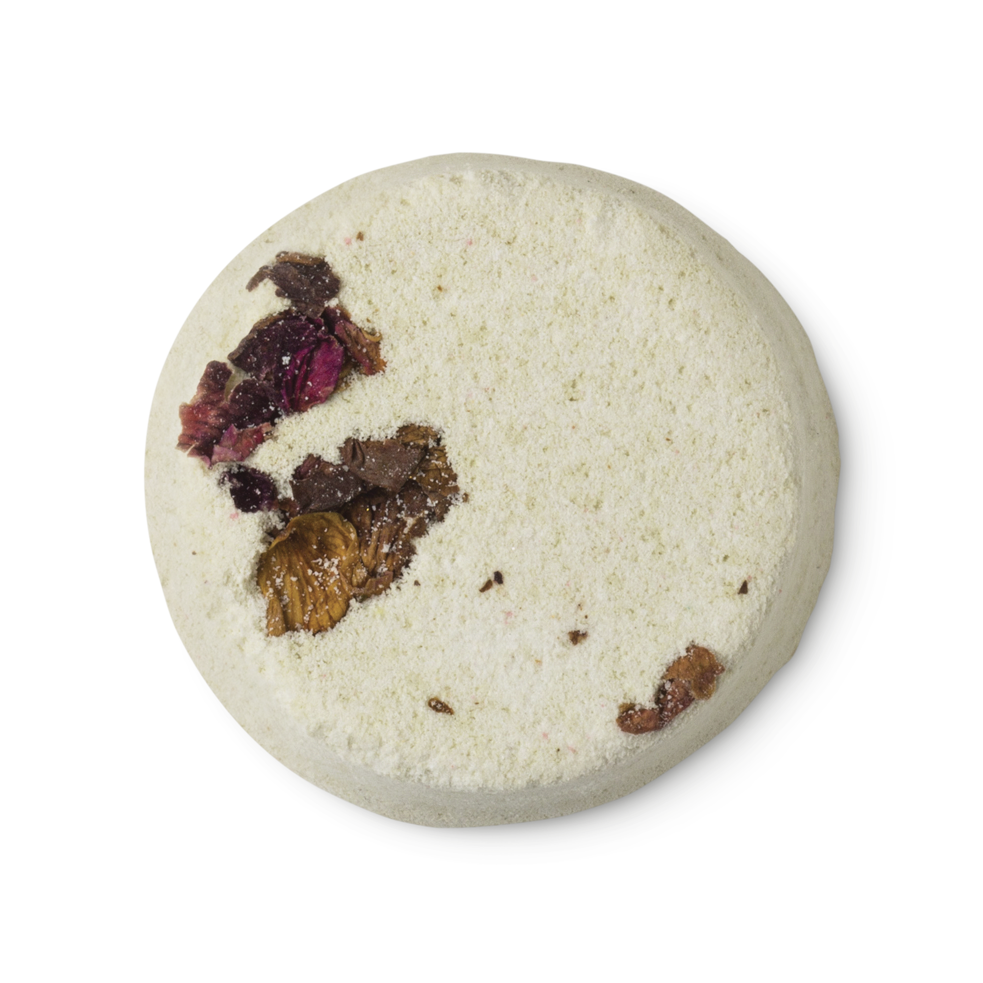 A cream coloured, powdery, circular solid toner tab, pressed with rose petals.