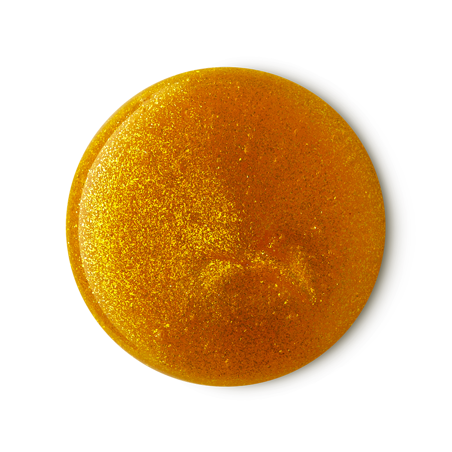 Golden Egg. A perfectly circular swatch of glossy, golden shower gel packed with glittery, gold lustre throughout.