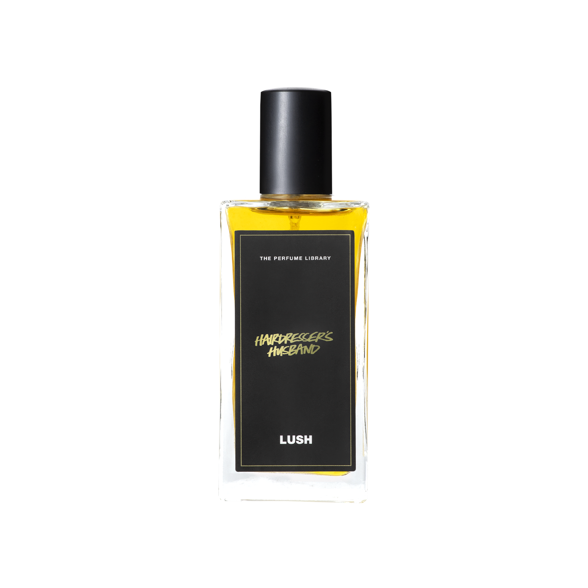 A glass perfume bottle filled with a light amber liquid. A black label reads 'The Perfume Library' and 'Hairdresser's Husband'.