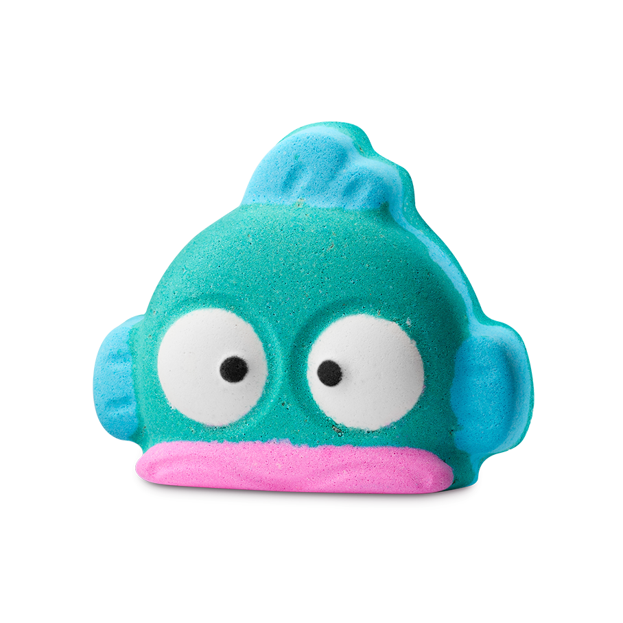Hangyodon. A teal bath bomb shaped like a cartoon fish character with a pink mouth, large white eyes with black pupils, and light blue fins.