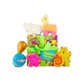 Happy Bathday. A bright yellow wrapped gift box with lime green ribbon and playful paper sits surrounded by six colourful Lush bathing products and extra decorations.
