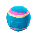 The dry, spherical Intergalactic bath bomb sits on a plain background. The product is predominantly deep blue, marbled with vibrant swirls of neon pink and bright yellow.