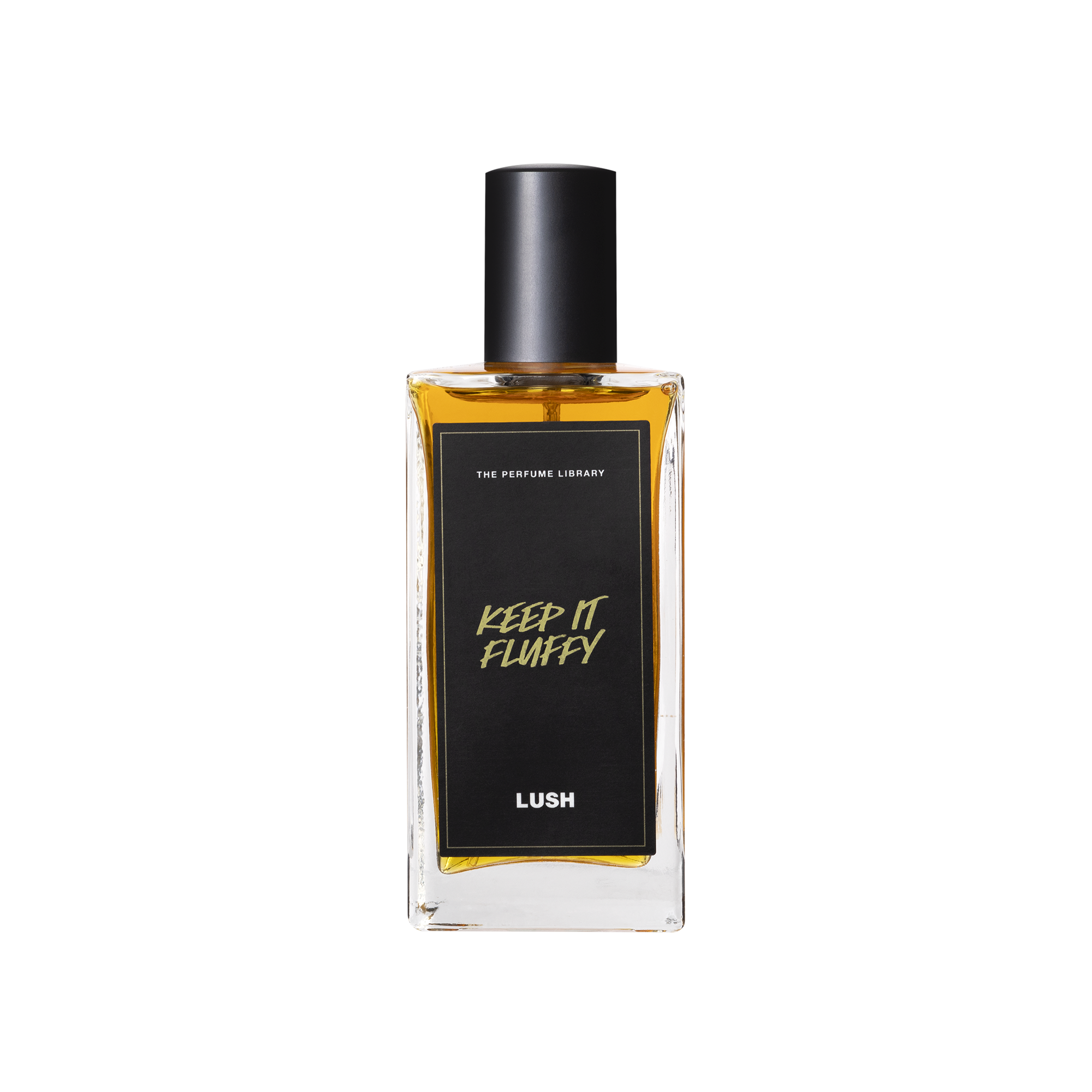 A glass perfume bottle filled with dark amber liquid. A black label reads 'The Perfume Library' and 'Keep It Fluffy'.