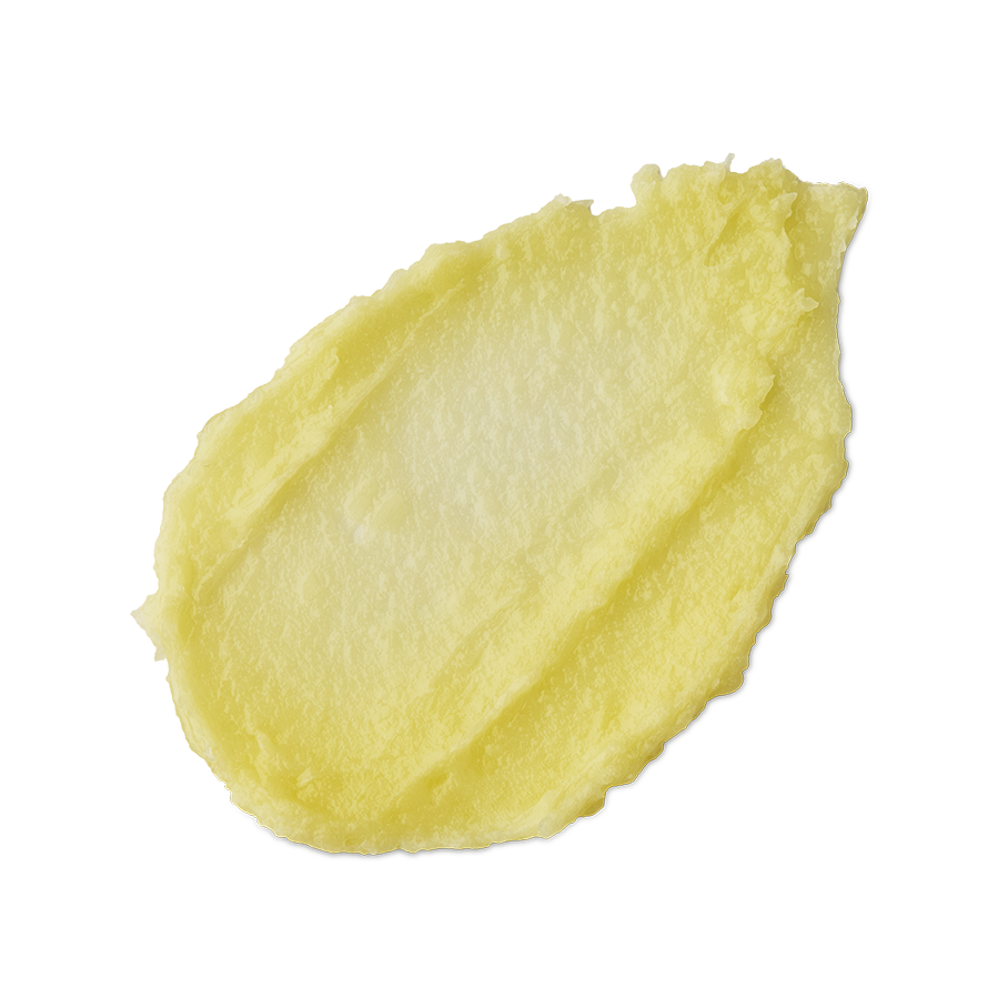 Lip Service. A neatly smeared swatch of thick, pale yellow coloured lip balm with a slightly glossy finish.