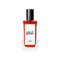 A glass perfume bottle filled with mahogany coloured liquid. A white label reads 'Lord Of Misrule'.