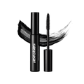 A tube and wand of Lush Lashes mascara, both made of black Lush plastic, are positioned in front of a swatch of black mascara.
