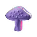 Magik Mushroom. A vibrant purple bath bomb shaped like a mushroom. The cap features small raised bumps and a swirled band of pink, blue, yellow, and white that runs all the way around the middle of the product.