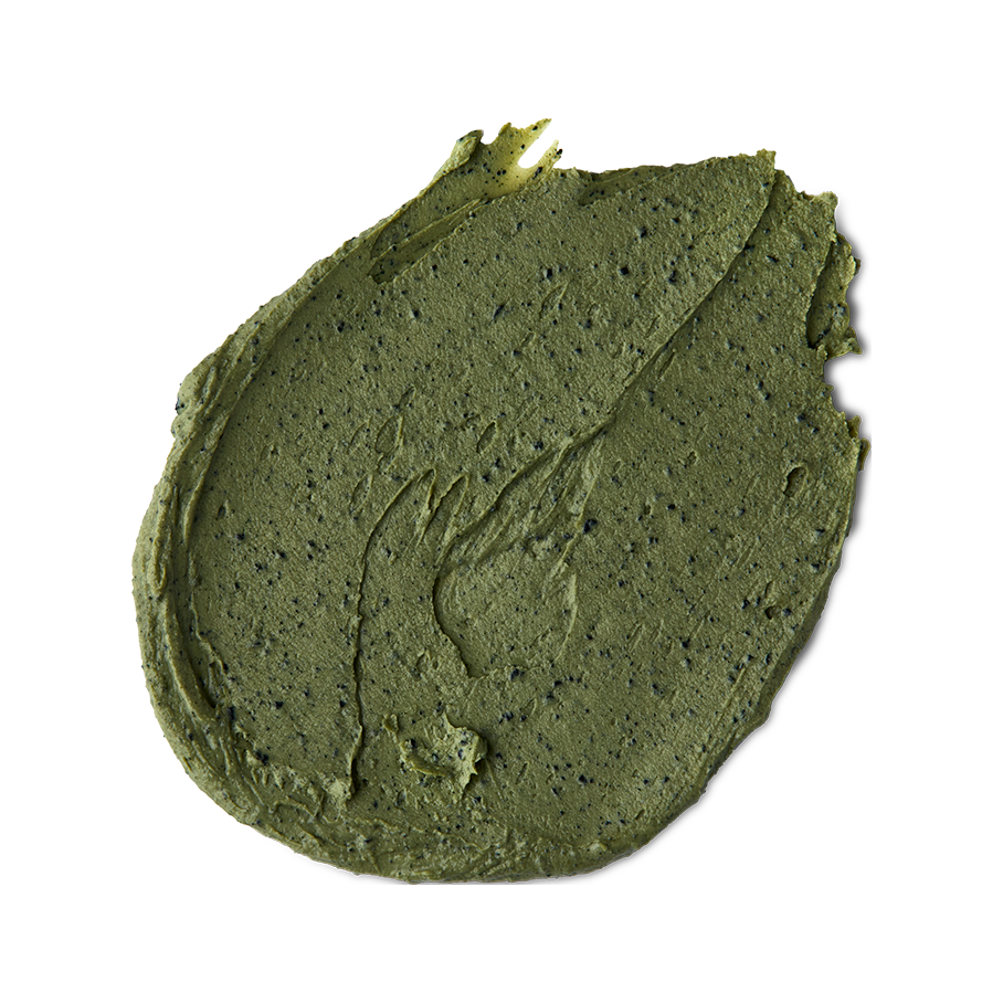 Matcha. A smudged swatch of forest-green, textured, exfoliating face mask.