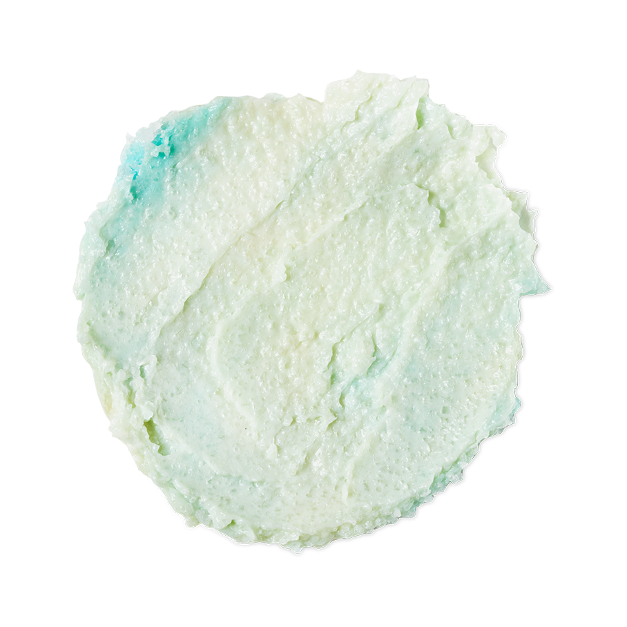 A swatch of original formula Ocean Salt; a cream and light blue swirled, salt-filled scrub.