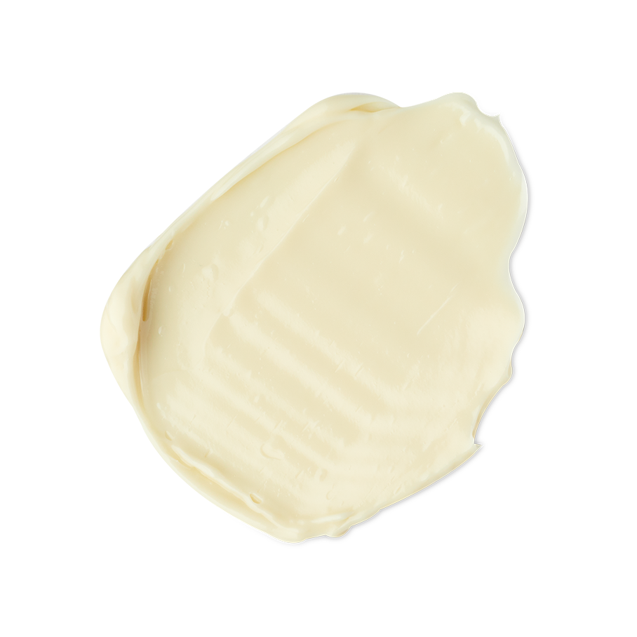 Olive. A neatly smudged swatch of thick, creamy, off-white body butter.