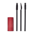 A Solid cylindrical block of pink mascara next to three different style mascara spoolie brushes.