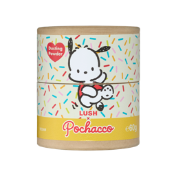 Pochacco. A cardboard shaker tube of Lush x Pochacco dusting powder against a black background. It features the cartoon character Pochacco on a colourful sprinkle pattern, with a red heart label reading "Dusting Powder" and a yellow band at the base.
