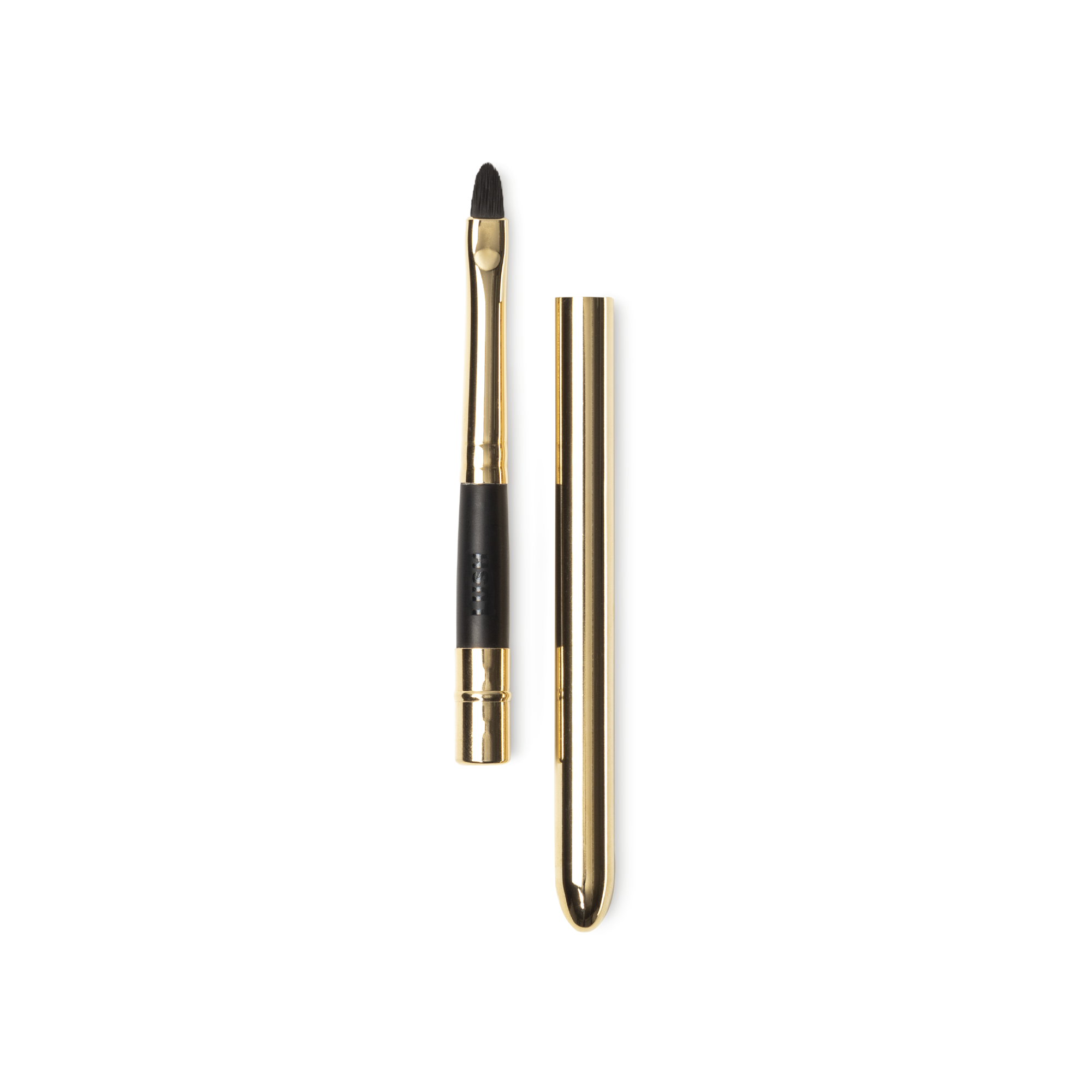 Pucker Brush. A travel lip brush, with soft, tapered brown bristles and a gold handle and lid, to cover the bristles.