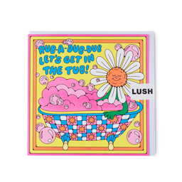 Rub-A-Dub-Dub Let Get In The Tub! This card shows a smiling, cartoon daisy flower in a colourful bath of pink bubbles.