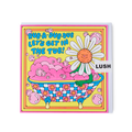 Rub-A-Dub-Dub Let Get In The Tub! This card shows a smiling, cartoon daisy flower in a colourful bath of pink bubbles.