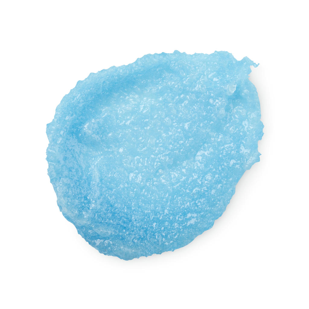 A swatch of bright, light blue, Rub Rub Rub body scrub, thick with sea salt.