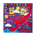 Scorpio. A square, fabric knot wrap. It has a deep purple background dotted with illustrations of stars, suns, clouds, waves, windows and other oddities. A large red scorpion and the word "Scorpio" are in the bottom right corner.