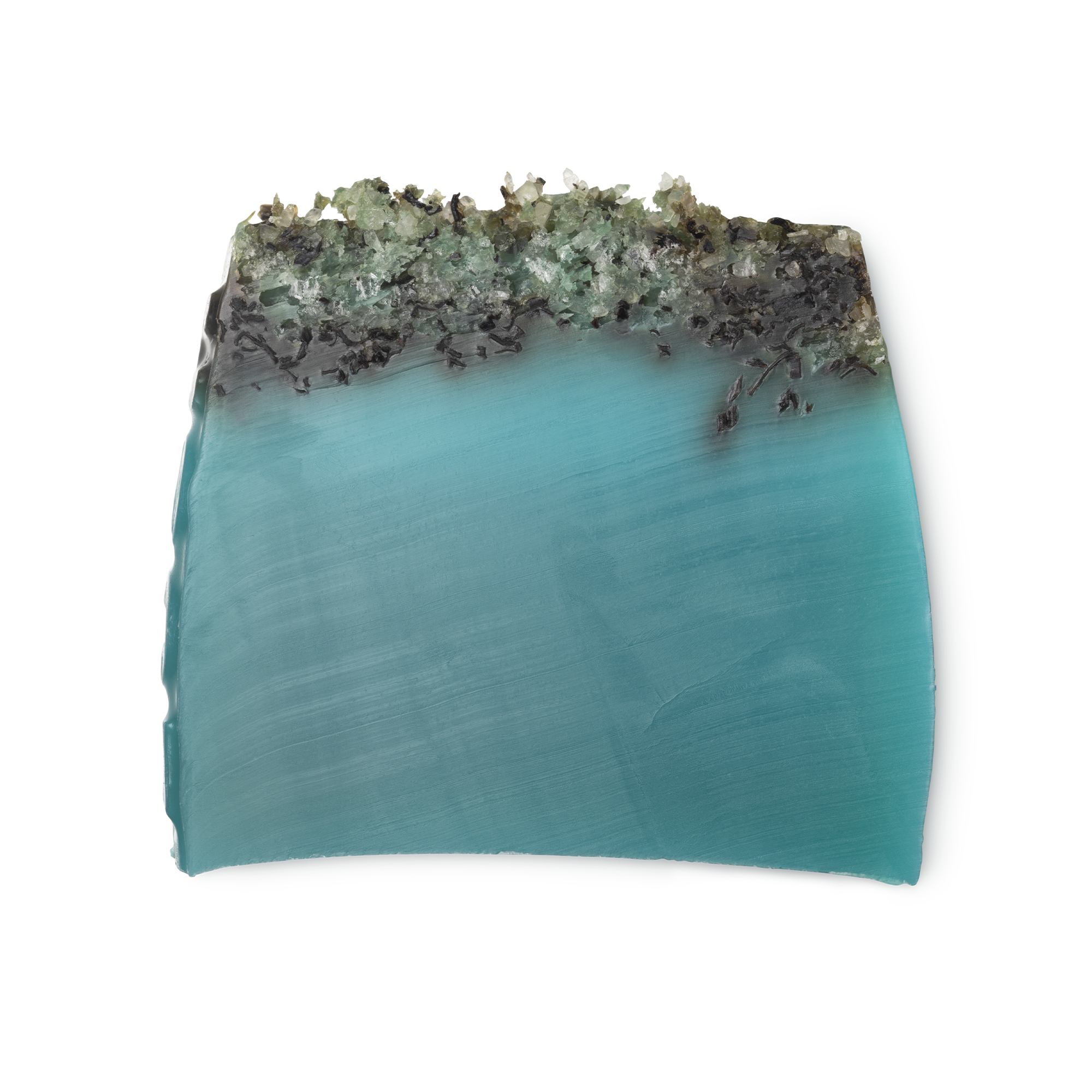 Sea Vegetable. A turquoise, trapezium shaped soap, topped with black arame seaweed and coarse sea salt.