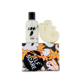 Self Scare. A ghost-patterned box tied with an orange cord sits below a bottle of 'BOO!' shower gel and a white, ghost-shaped bar of soap.