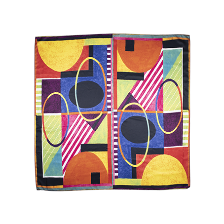 Shape and Colour, a large square Knot Wrap with abstract designs of ovals, rectangles and stripes.