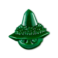 Snufkin. A deep green, glossy shower gummy shaped like the character Snufkin, wearing their signature pointed hat adorned with a row of moulded flowers. The product has a subtle shimmer throughout.