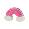 Somewhere. A fun bath bomb, topped with pink but visible layers is shaped like the classic arched rainbow complete with fluffy white clouds.