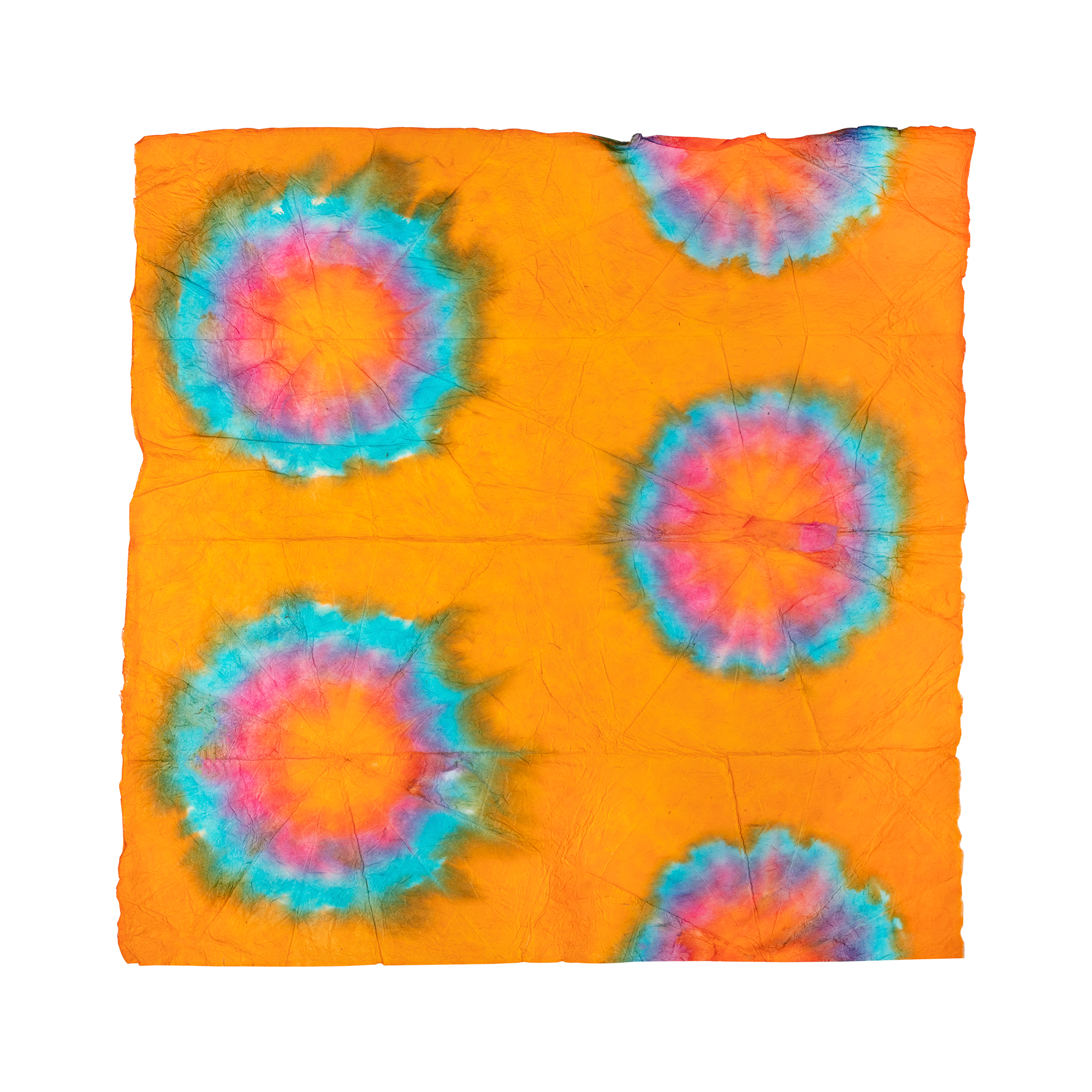 A square Lokta Wrap with orange, red and blue tie-dyed designs all over.