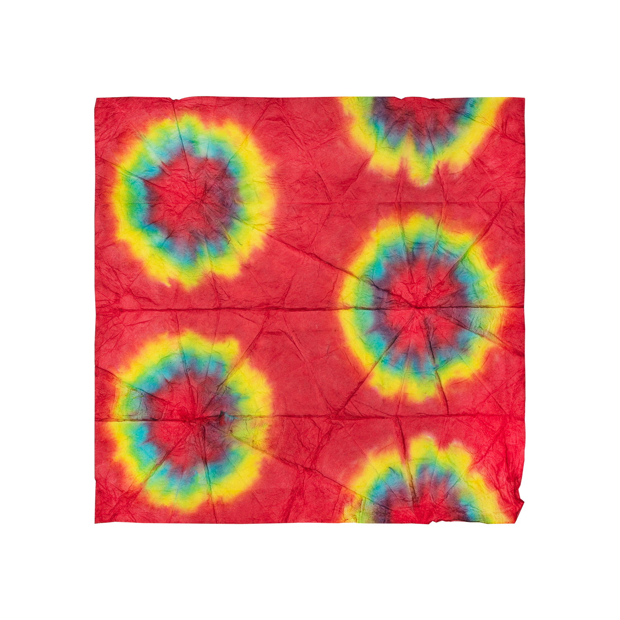 A square Lokta Wrap with red, green and yellow tie-dyed designs all over.