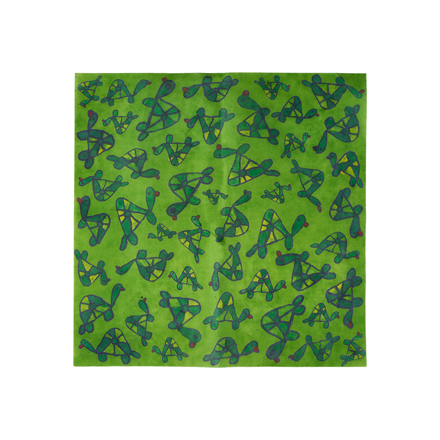 Turtley Awesome. A square sheet of vibrant Lokta wrapping paper. The design features a repeating, hand-drawn pattern of abstract, dark green turtles with yellow accents. The illustrations are outlined in black against a lime-green background.