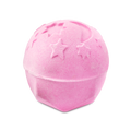 The Twilight Bath Bomb is a soft lavender-pink sphere featuring embossed celestial designs of stars and a crescent moon across its surface. Set against a solid black background, its calming color hints at the relaxing experience it provides.