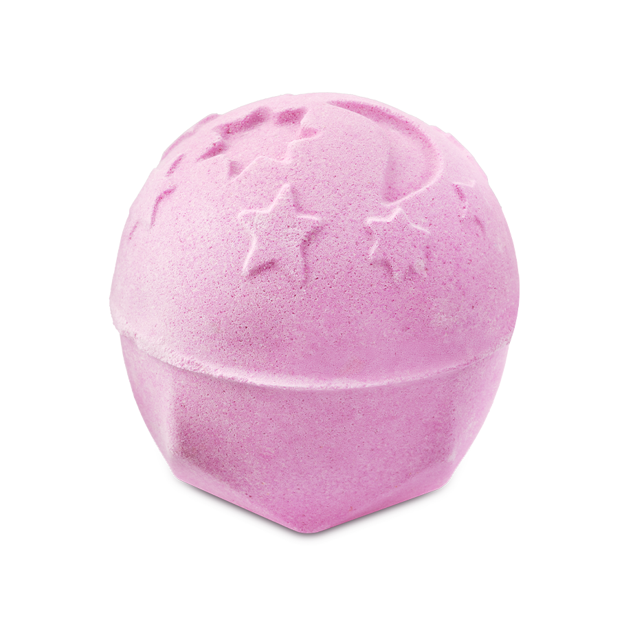 The Twilight Bath Bomb is a soft lavender-pink sphere featuring embossed celestial designs of stars and a crescent moon across its surface. Set against a solid black background, its calming color hints at the relaxing experience it provides.