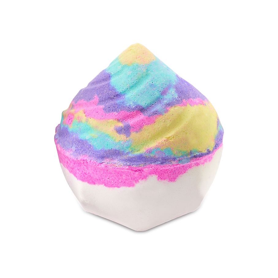 The Unicorn Poop Bath Bomb features a playful, swirl-like shape against a solid black background. The base of the bath bomb is white with a vibrant pink stripe, while the top portion is a mesmerizing mix of pastel blue, yellow, purple, and pink hues.