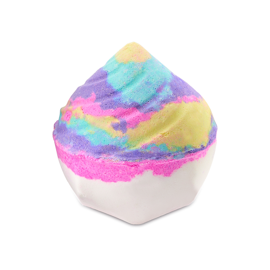 The Unicorn Poop Bath Bomb features a playful, swirl-like shape against a solid black background. The base of the bath bomb is white with a vibrant pink stripe, while the top portion is a mesmerizing mix of pastel blue, yellow, purple, and pink hues.