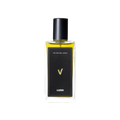 A glass perfume bottle filled with greeny-yellow liquid. A black label reads 'The Perfume Library' and 'V'.