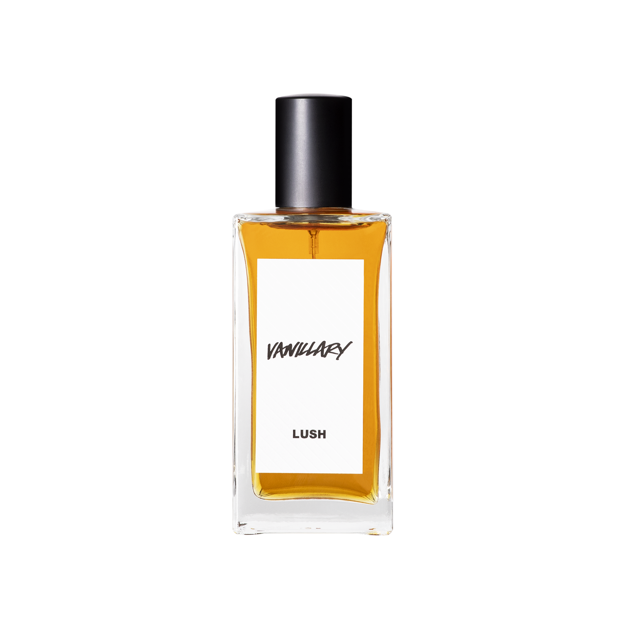 A glass perfume bottle filled with dark amber liquid. A white label reads 'Vanillary'.